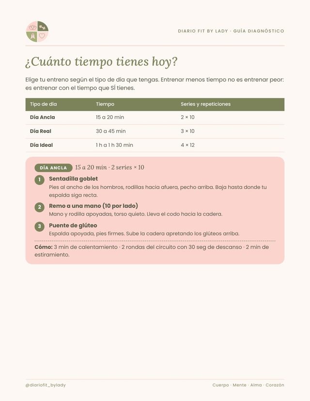 Página de la guía con la tabla de tiempos y el entreno de Día Ancla